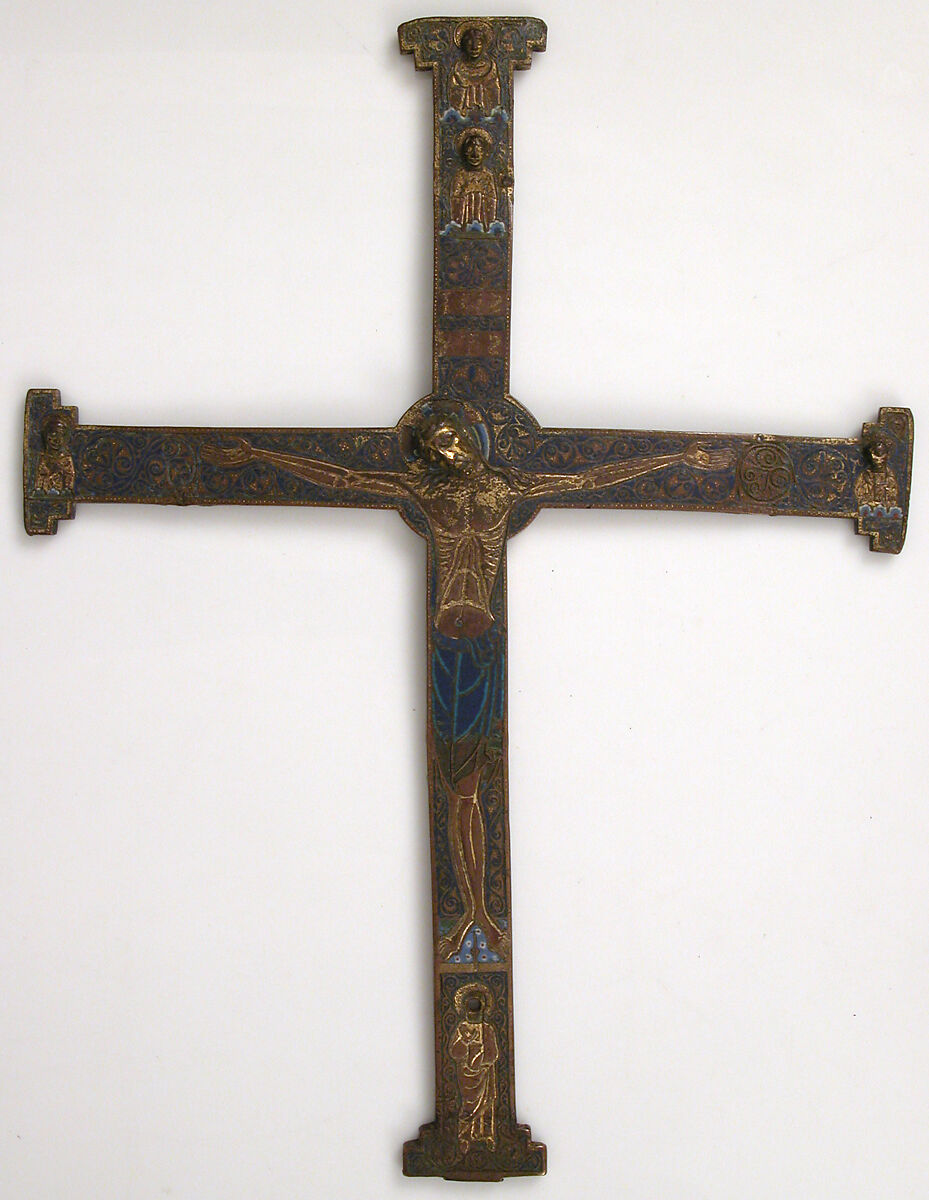 Cross, Copper: engraved, scraped, stippled and gilt; champlevé enamel: dark and medium blue, turquoise, dark and light green, red, and white; appliqué: engraved, chased and gilt, French 