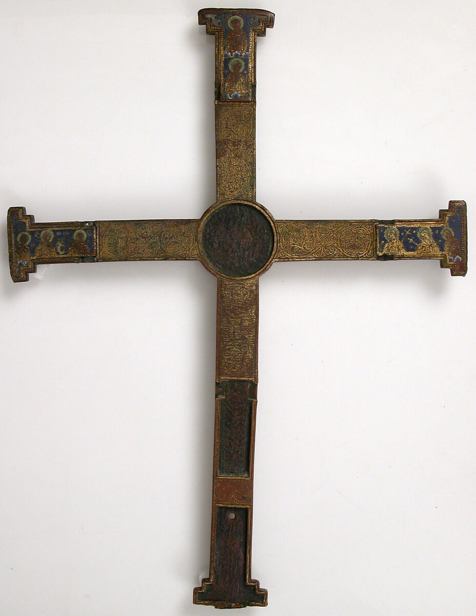 Cross, Copper: engraved, scraped, stippled and gilt; champlevé enamel: dark and medium blue, turquoise, dark and light green, red, and white; appliqué: engraved, chased and gilt, French