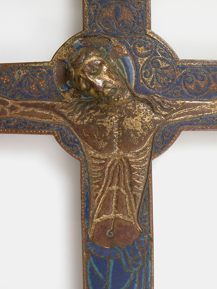 Cross, Copper: engraved, scraped, stippled and gilt; champlevé enamel: dark and medium blue, turquoise, dark and light green, red, and white; appliqué: engraved, chased and gilt, French