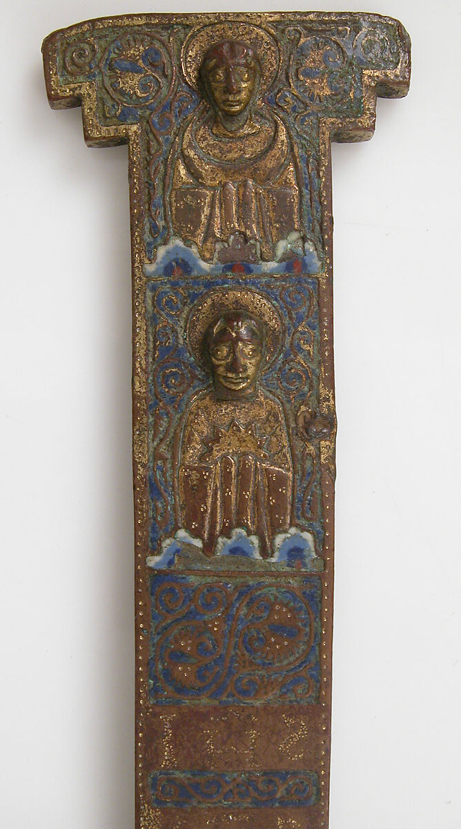Cross, Copper: engraved, scraped, stippled and gilt; champlevé enamel: dark and medium blue, turquoise, dark and light green, red, and white; appliqué: engraved, chased and gilt, French