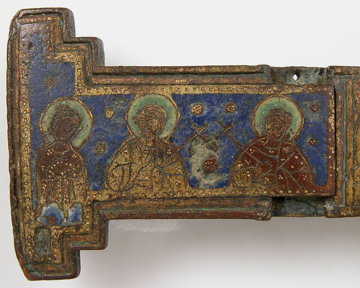Cross, Copper: engraved, scraped, stippled and gilt; champlevé enamel: dark and medium blue, turquoise, dark and light green, red, and white; appliqué: engraved, chased and gilt, French