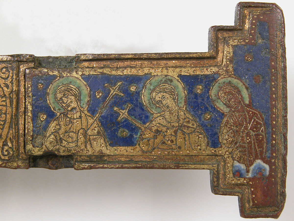 Cross, Copper: engraved, scraped, stippled and gilt; champlevé enamel: dark and medium blue, turquoise, dark and light green, red, and white; appliqué: engraved, chased and gilt, French