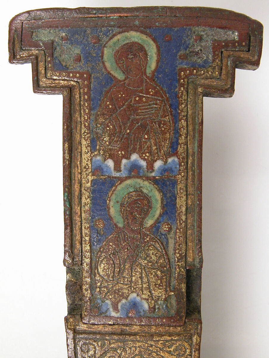 Cross, Copper: engraved, scraped, stippled and gilt; champlevé enamel: dark and medium blue, turquoise, dark and light green, red, and white; appliqué: engraved, chased and gilt, French
