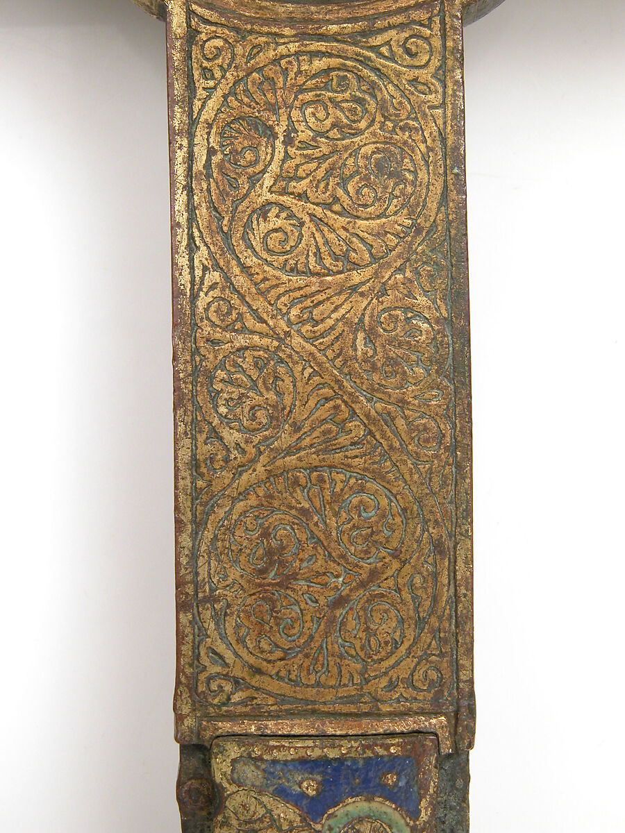 Cross, Copper: engraved, scraped, stippled and gilt; champlevé enamel: dark and medium blue, turquoise, dark and light green, red, and white; appliqué: engraved, chased and gilt, French