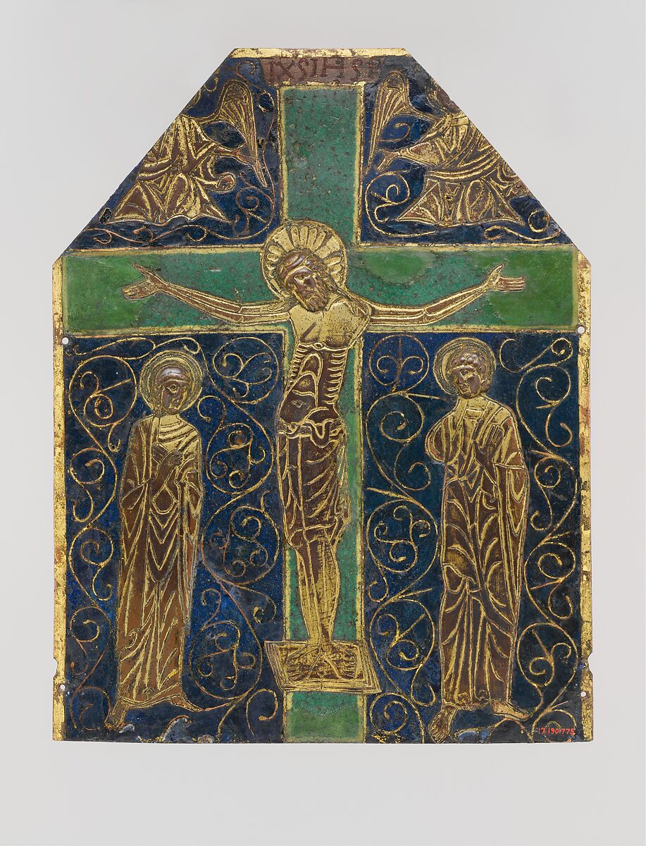 Plaque with the Crucifixion, Champlevé enamel, copper-gilt, French 
