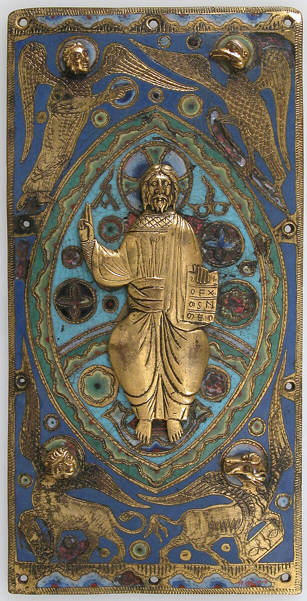 Plaque with Christ in Majesty, Champlevé enamel, copper-gilt, French 