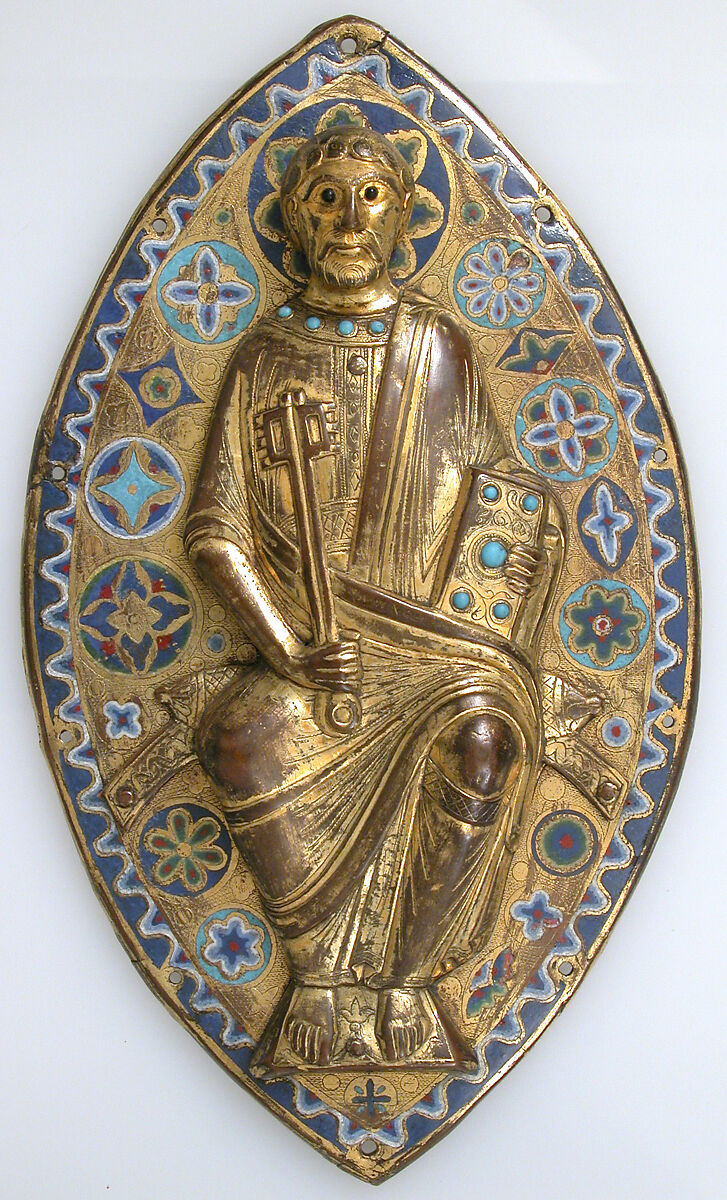 Plaque with Saint Peter in Glory, Copper (plaque): chased, engraved, stippled, and gilt; (appliqué): repoussé, engraved, chased, scraped, stippled and gilt; champlevé enamel: medium and light blue, turquoise, green, yellow, red, and white; dark blue and turquoise glass beads, French