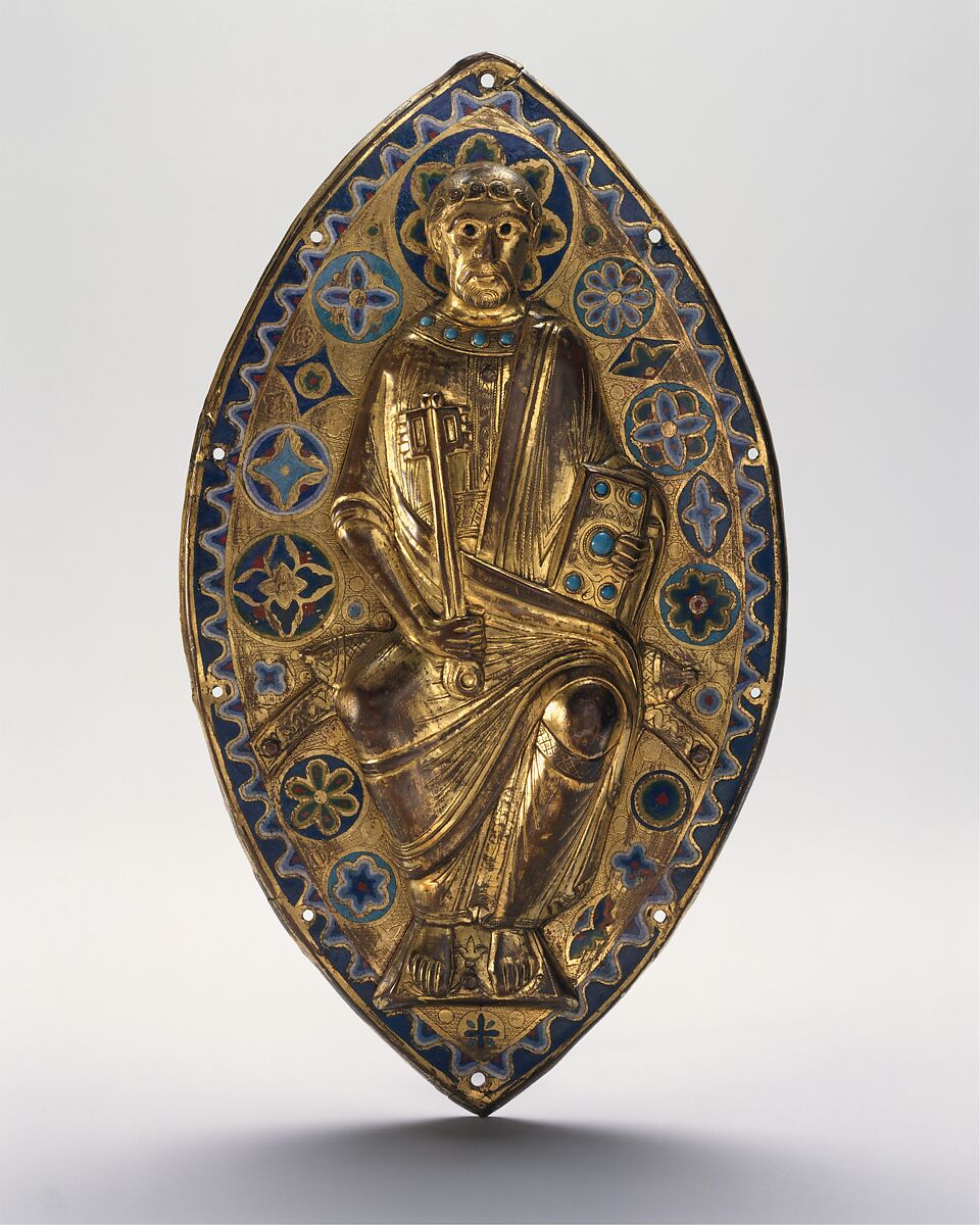 Plaque with Saint Peter in Glory, Copper (plaque): chased, engraved, stippled, and gilt; (appliqué): repoussé, engraved, chased, scraped, stippled and gilt; champlevé enamel: medium and light blue, turquoise, green, yellow, red, and white; dark blue and turquoise glass beads, French 