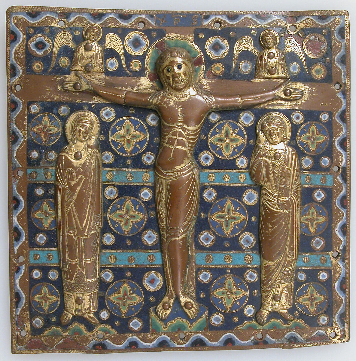 Plaque with the Crucifixion, Copper (plaque): chased, engraved, stippled, and gilt; Champlevé enamel,  Figures are applied and gilt; background:  turquoise bands with reserved circles and colored rosettes on dark blue ground; colors: red, green, yellow. blue, gray-blue, white., French