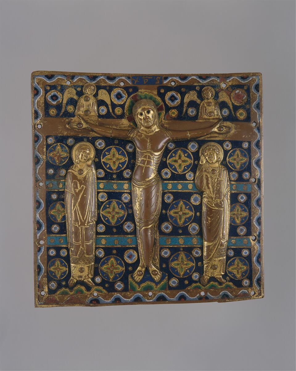 Plaque with the Crucifixion, Copper (plaque): chased, engraved, stippled, and gilt; Champlevé enamel,  Figures are applied and gilt; background:  turquoise bands with reserved circles and colored rosettes on dark blue ground; colors: red, green, yellow. blue, gray-blue, white., French 