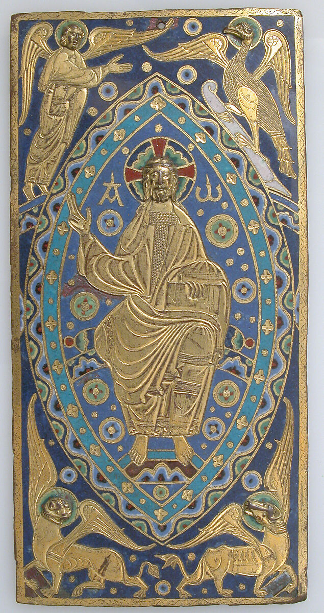 Book-Cover Plaque with Christ in Majesty, Copper: engraved, chased, scraped, stippled, and gilt; champlevé enamel: dark, medium, and light blue; turquoise, dark and light green, yellow, red, translucent red, translucent rose, and white., French