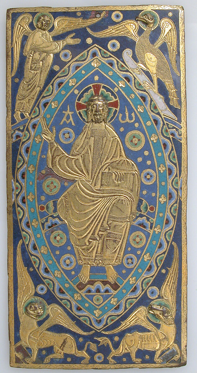 Book-Cover Plaque with Christ in Majesty, Copper: engraved, chased, scraped, stippled, and gilt; champlevé enamel: dark, medium, and light blue; turquoise, dark and light green, yellow, red, translucent red, translucent rose, and white., French 