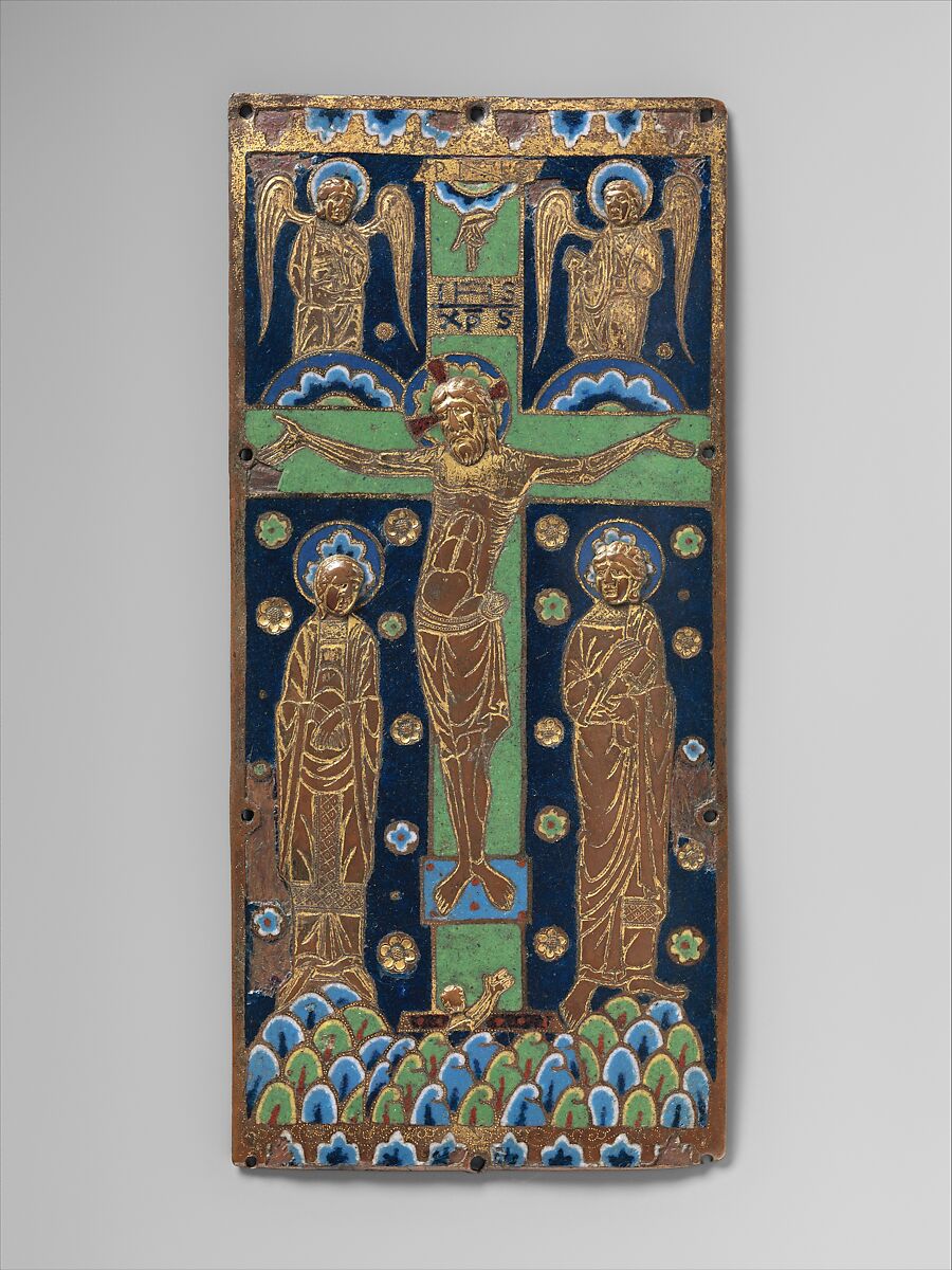Book Cover Plaque with the Crucifixion, Copper: repoussé, engraved, chased, and gilt, Champlevé enamel, French 