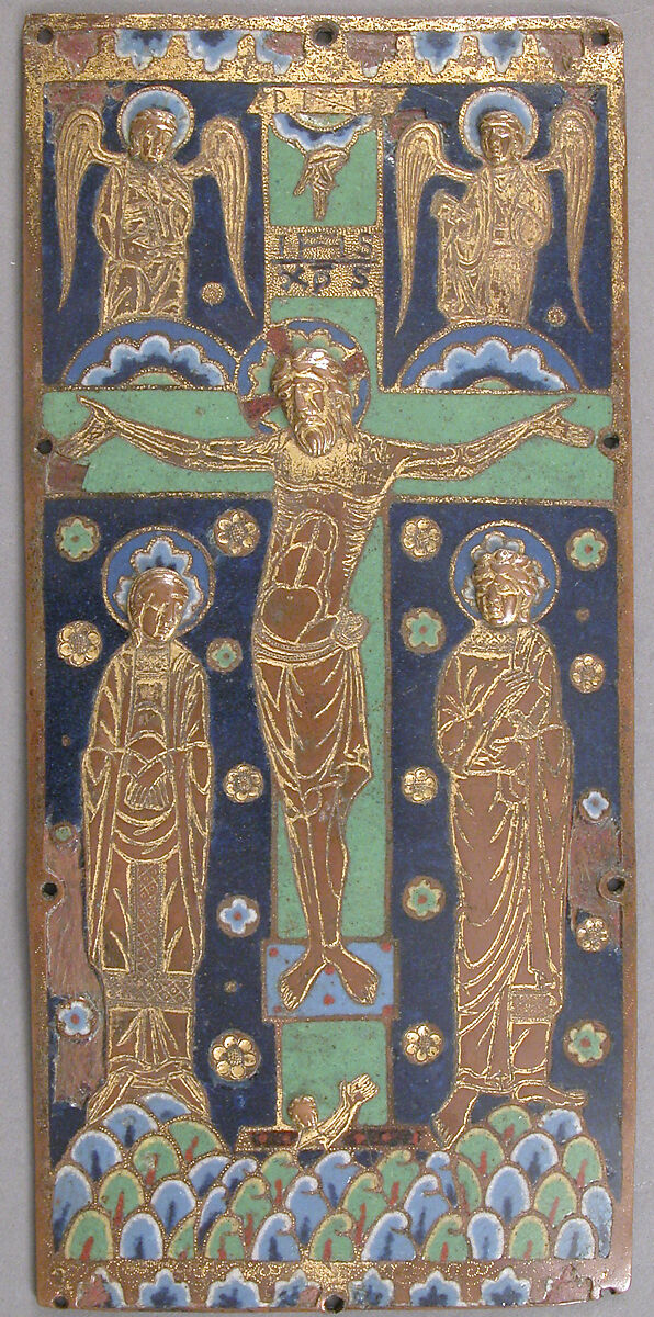 Book Cover Plaque with the Crucifixion, Copper: repoussé, engraved, chased, and gilt, Champlevé enamel, French