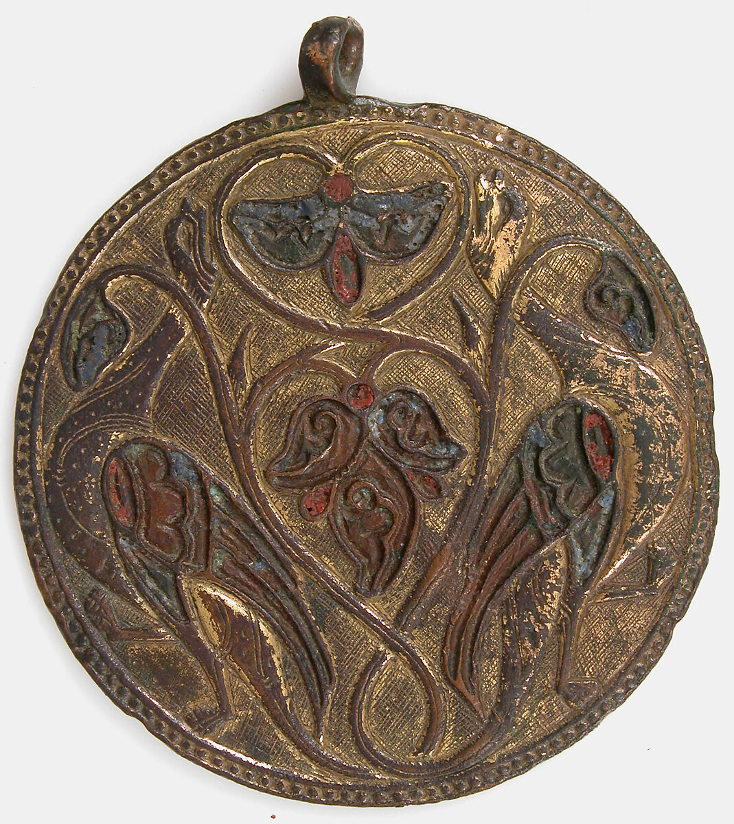 Pendant Medallion, Copper: engraved, stamped, and gilt; champlevé enamel: traces of medium and light blue, light green, and red, French 