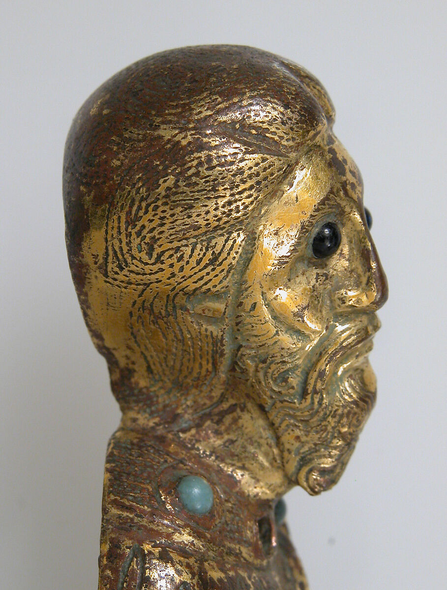 Appliqué Figure, Copper: repoussé, chased, engraved, scraped, stippled, gilt; blue-black and turquoise glass beads, French