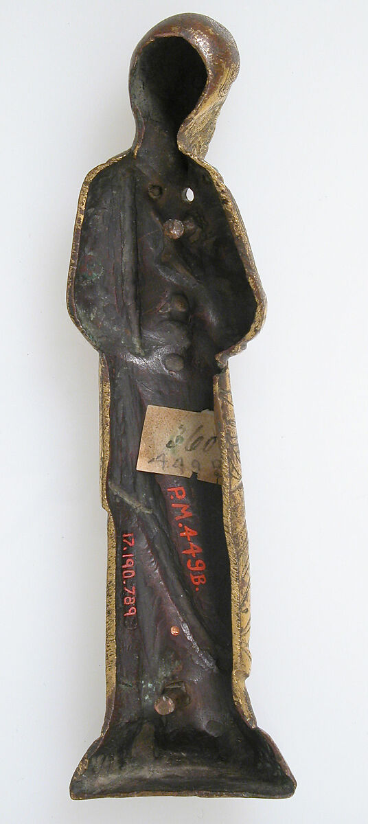 Appliqué Figure, Copper: repoussé, chased, engraved, scraped, stippled, gilt; blue-black and turquoise glass beads, French