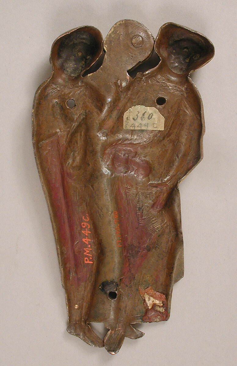 Three Figures, Copper: repoussé, chased, engraved, scraped, stippled, gilt;blue-black glass beads glass, French