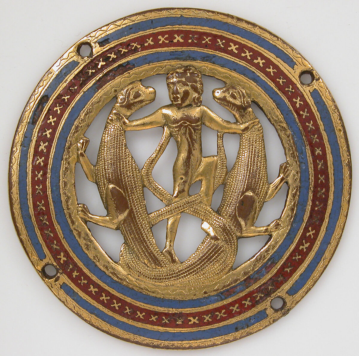 Medallion from a Coffret, Copper: pierced, repoussé, chased, engraved, scraped, stamped, and gilt; champlevé enamel: medium blue and red., French 
