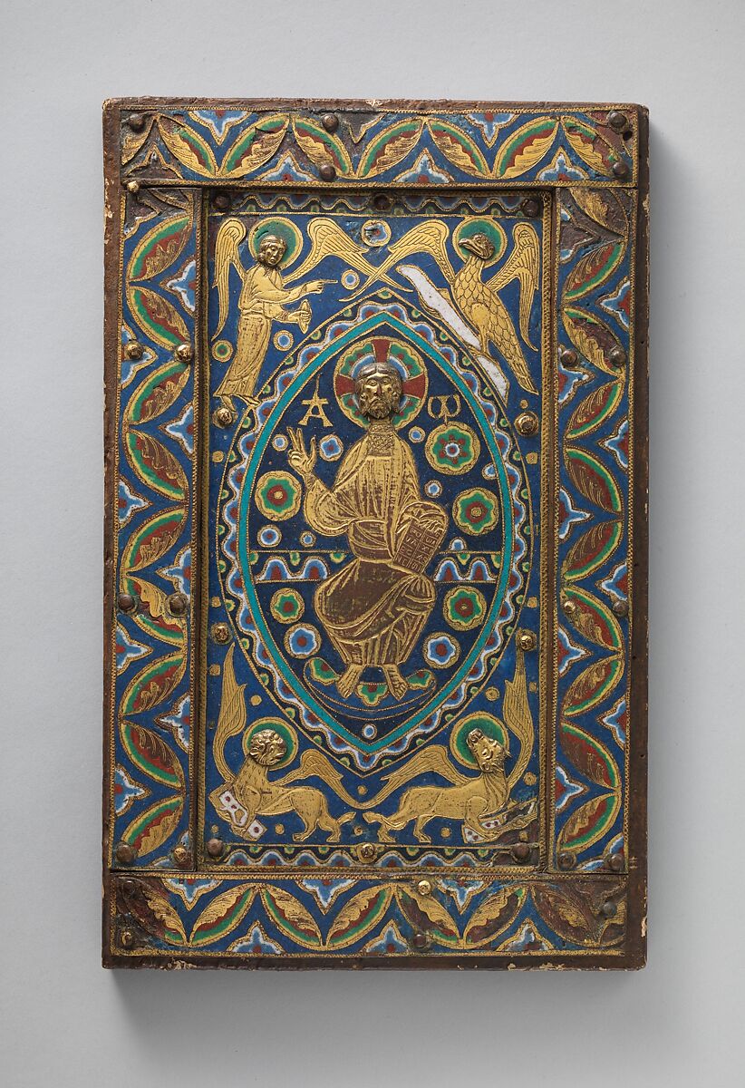 Book-Cover Plaque with Christ in Majesty, Copper: engraved, chased, scraped, stippled, and gilt; champlevé enamel: dark and light blue, turquoise, green, yellow, red, and white, French 