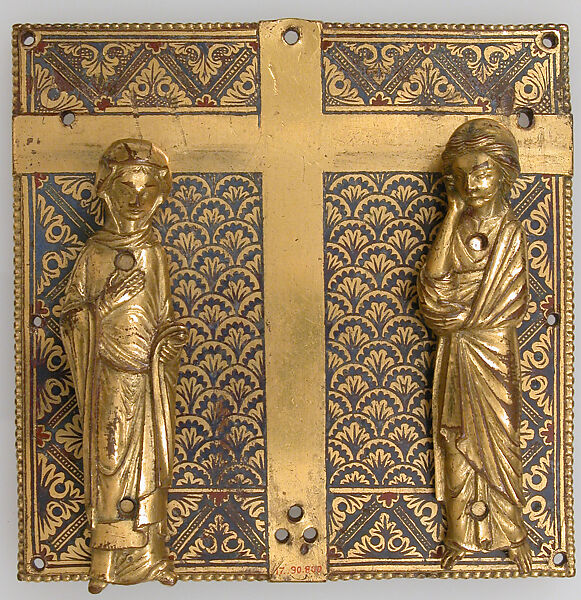 Plaque with the Virgin and Saint John, Champlevé enamel, copper-gilt, European 