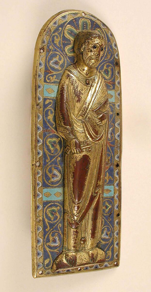 Plaque with Saint Peter, Copper (plaque): engraved, stippled, and gilt; (figure): repoussé, engraved, chased, scraped, and gilt; champlevé enamel: medium and light blue, turquoise, green, yellow, red, and white; blue-black glass inset eyes., French