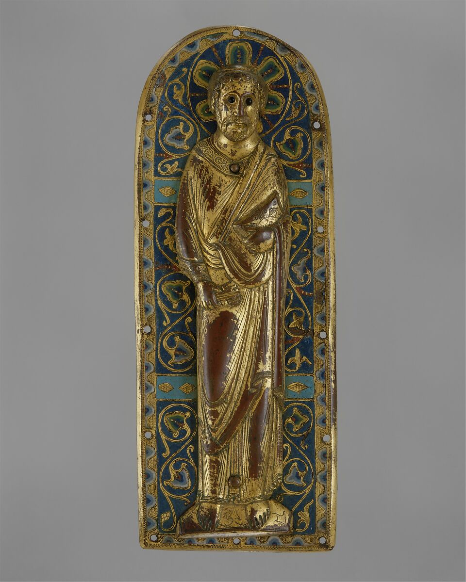 Plaque with Saint Peter, Copper (plaque): engraved, stippled, and gilt; (figure): repoussé, engraved, chased, scraped, and gilt; champlevé enamel: medium and light blue, turquoise, green, yellow, red, and white; blue-black glass inset eyes., French 
