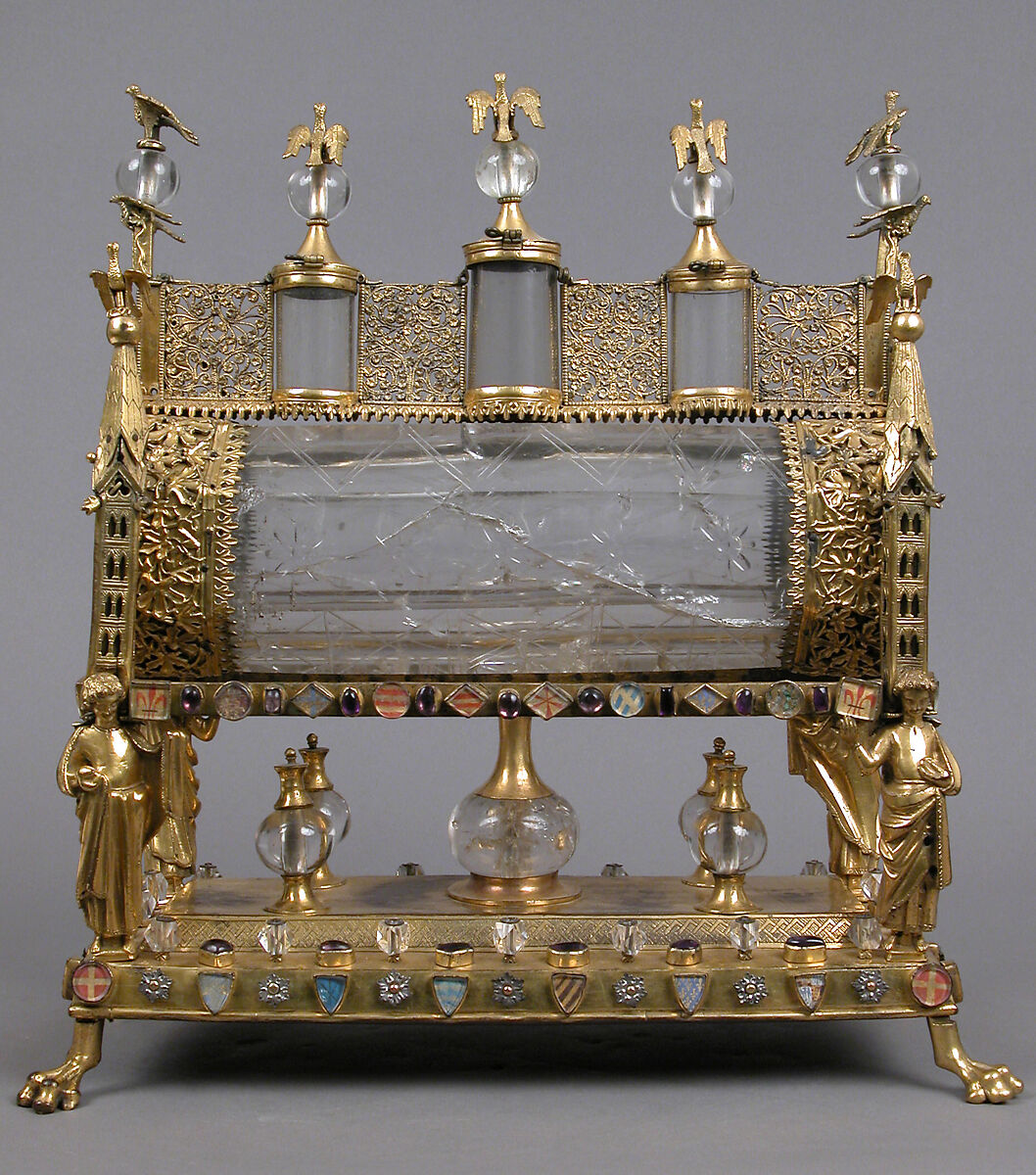 Reliquary, Gilded copper, rock crystal, glass, and parchment, French (?)