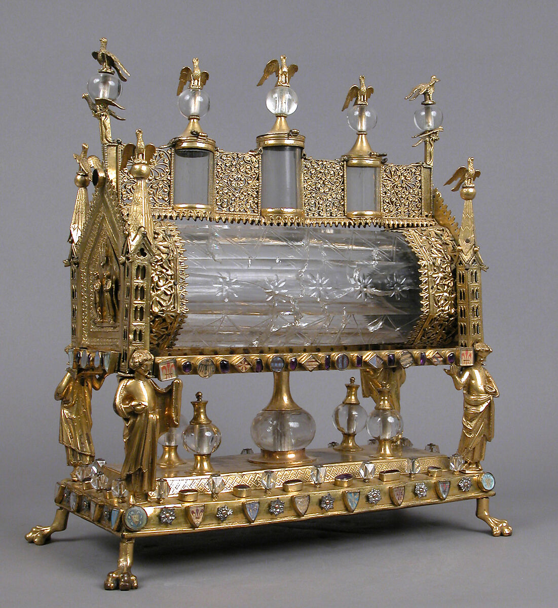 Reliquary, Gilded copper, rock crystal, glass, and parchment, French (?)
