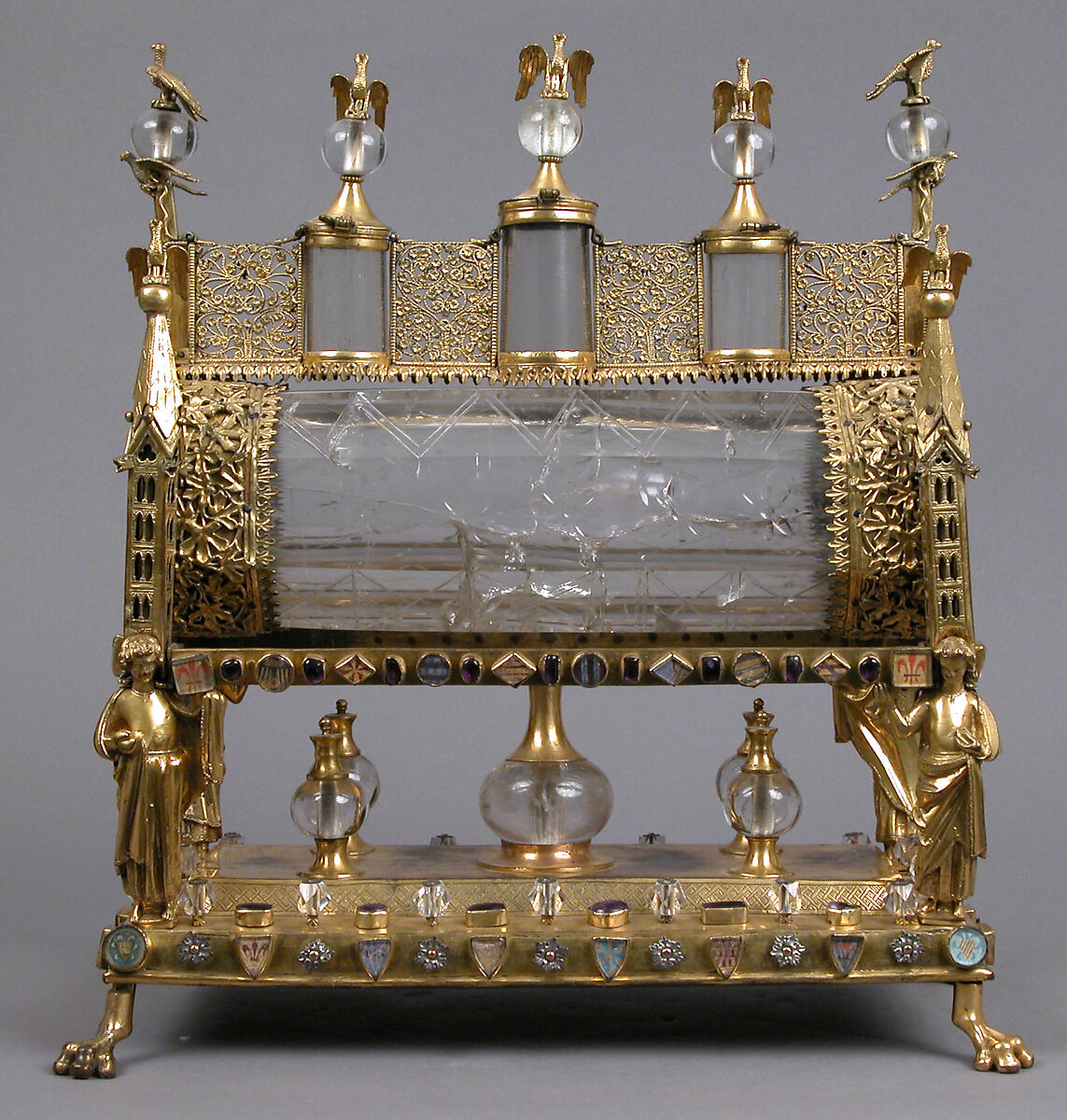 Reliquary, Gilded copper, rock crystal, glass, and parchment, French (?) 