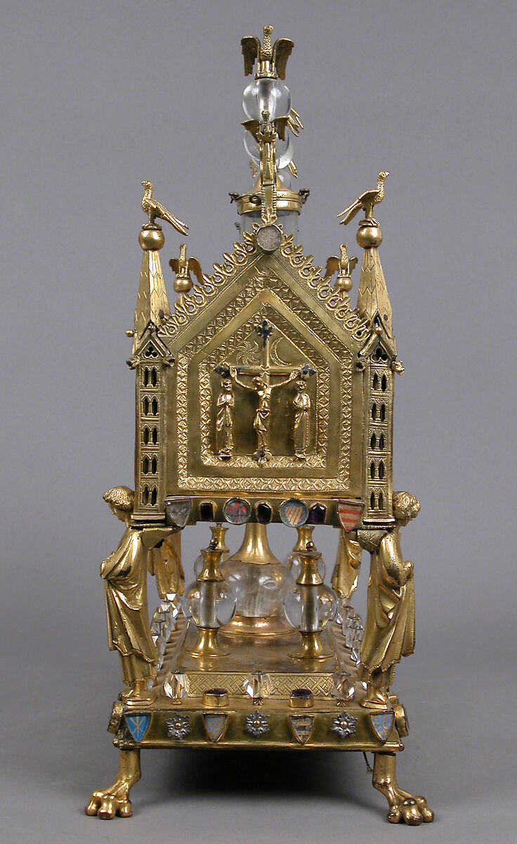 Reliquary, Gilded copper, rock crystal, glass, and parchment, French (?)