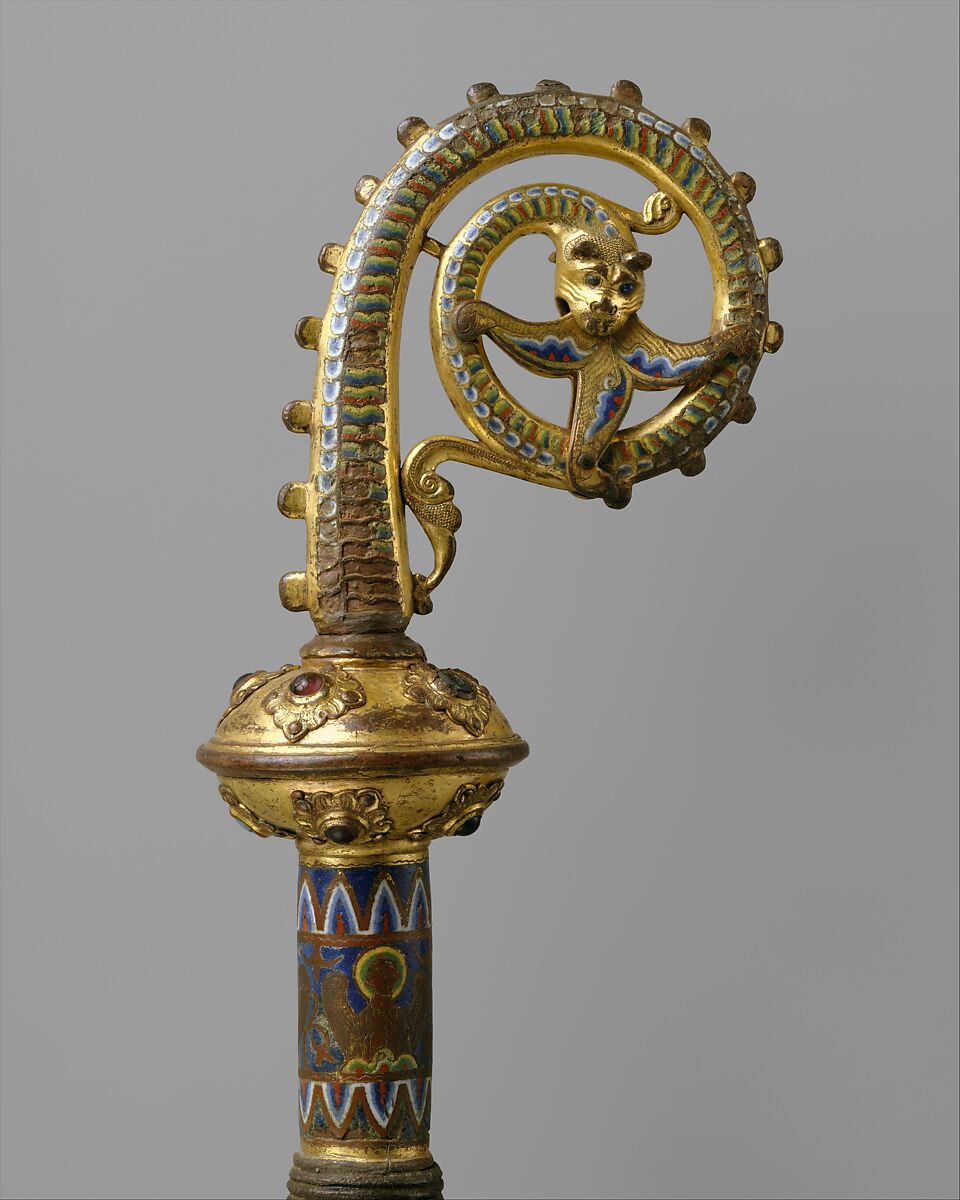 Head of a Crozier with a Serpent Devouring a Flower, Copper: formed, engraved, chased, scraped, stippled, and gilt; champlevé enamel: medium and light blue, light green, yellow, red, and white; glass cabochons, French 