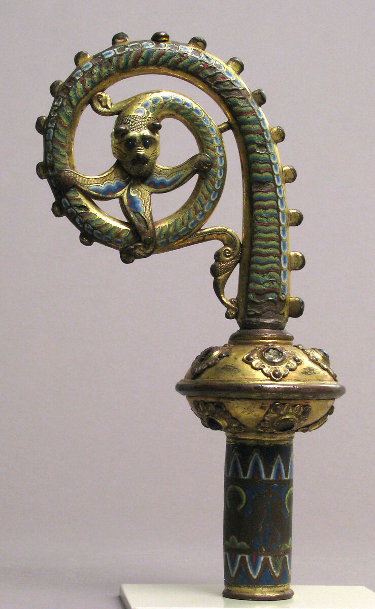 Head of a Crozier with a Serpent Devouring a Flower, Copper: formed, engraved, chased, scraped, stippled, and gilt; champlevé enamel: medium and light blue, light green, yellow, red, and white; glass cabochons, French