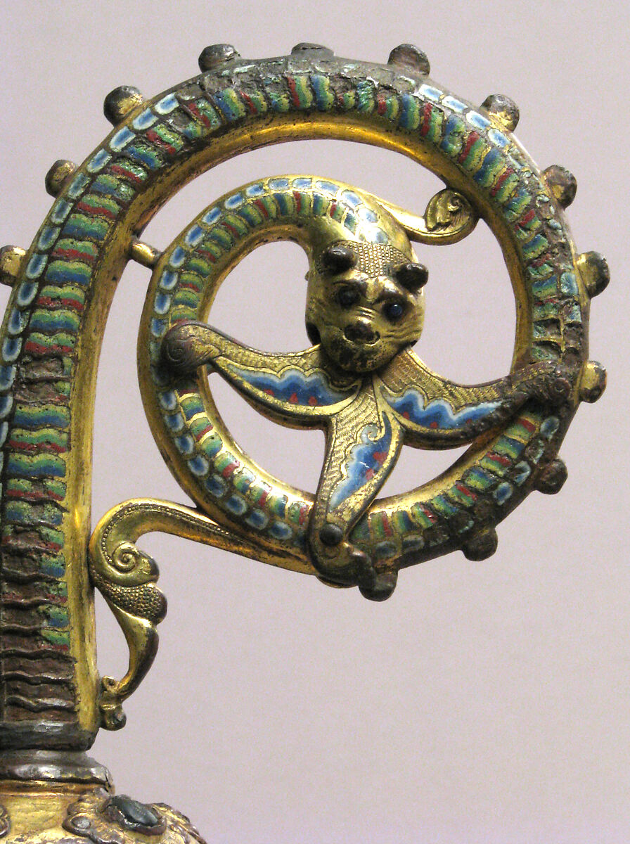 Head of a Crozier with a Serpent Devouring a Flower, Copper: formed, engraved, chased, scraped, stippled, and gilt; champlevé enamel: medium and light blue, light green, yellow, red, and white; glass cabochons, French