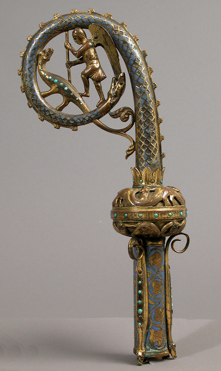 Head of a Crozier with Saint Michael Slaying the Dragon, Champlevé enamel, gilded copper, and glass paste, French