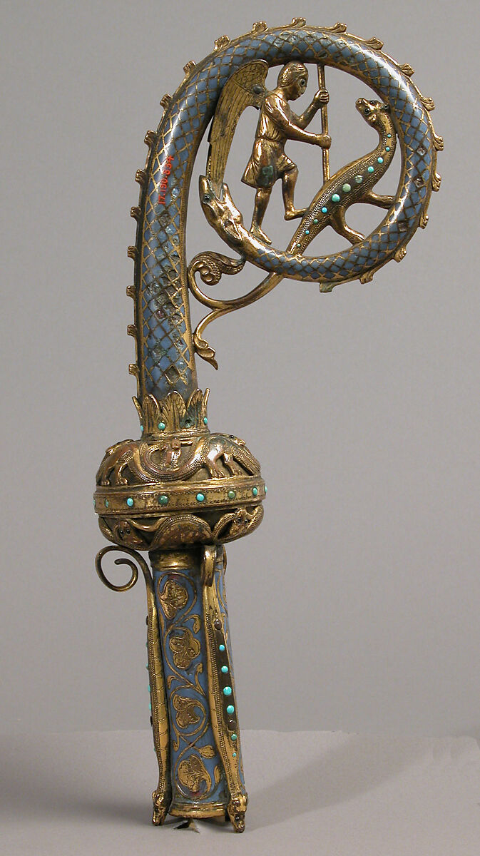 Head of a Crozier with Saint Michael Slaying the Dragon, Champlevé enamel, gilded copper, and glass paste, French