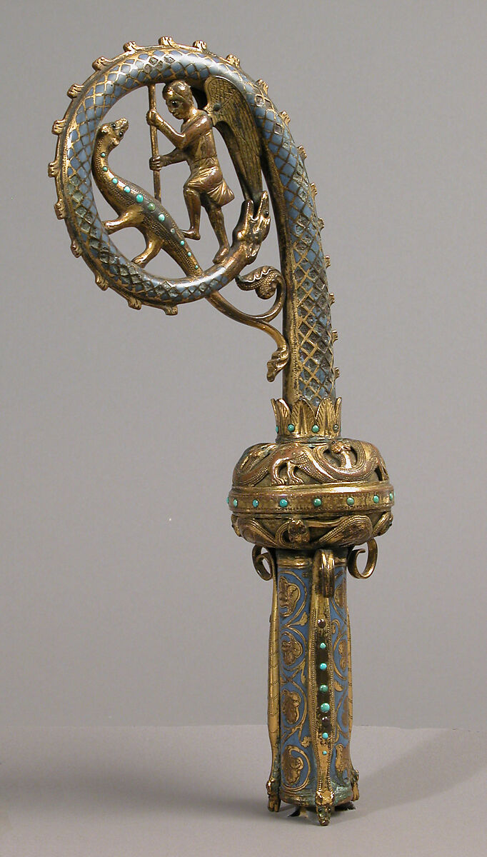 Head of a Crozier with Saint Michael Slaying the Dragon, Champlevé enamel, gilded copper, and glass paste, French
