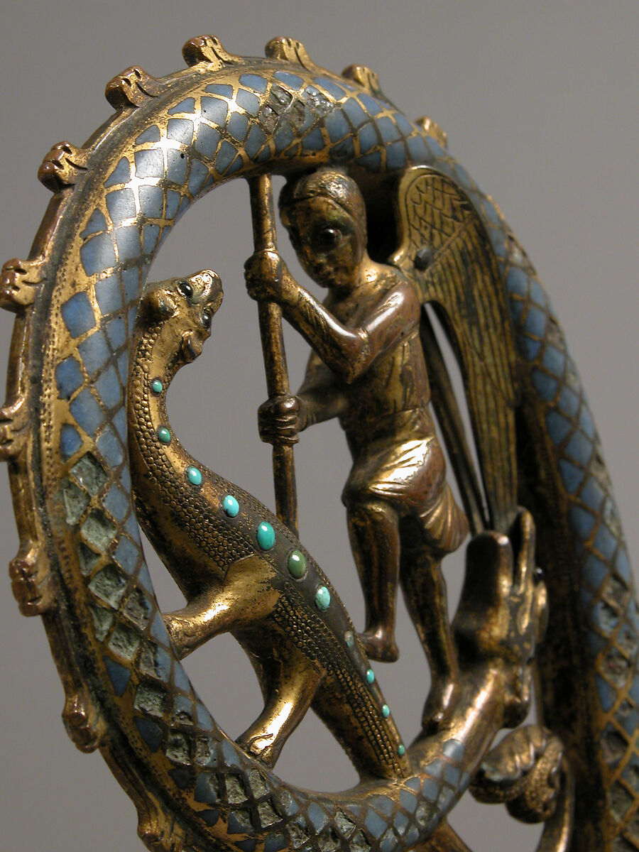 Head of a Crozier with Saint Michael Slaying the Dragon, Champlevé enamel, gilded copper, and glass paste, French