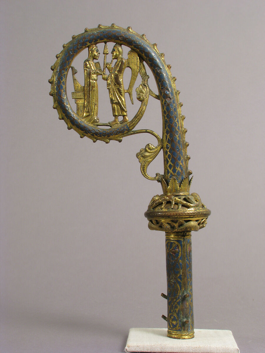 Head of a Crozier with the Annunciation, Copper formed, engraved, chased, scraped, stippled and gilt; champlevé enamel: medium blue, French