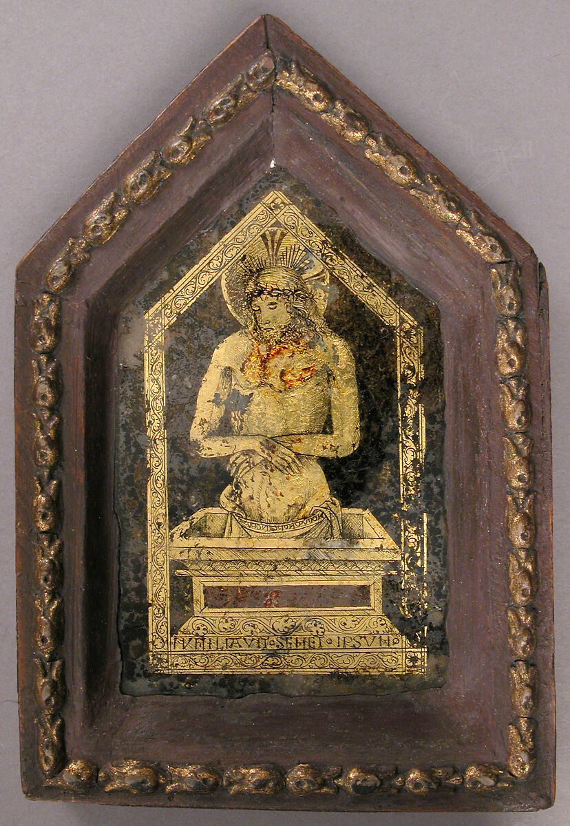 Christ as the Man of Sorrows, Verre églomisé, painted and gilded wood, Italian 