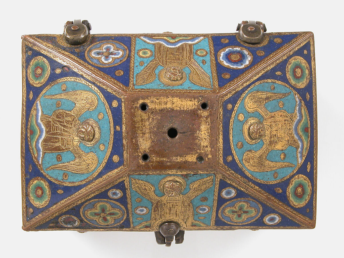 Chrismatory, Copper: engraved, chased, and gilt; champlevé enamel: lapis and lavender blue, turquoise, light and dark green, red, and white, French