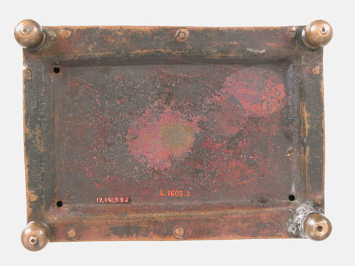 Chrismatory, Copper: engraved, chased, and gilt; champlevé enamel: lapis and lavender blue, turquoise, light and dark green, red, and white, French