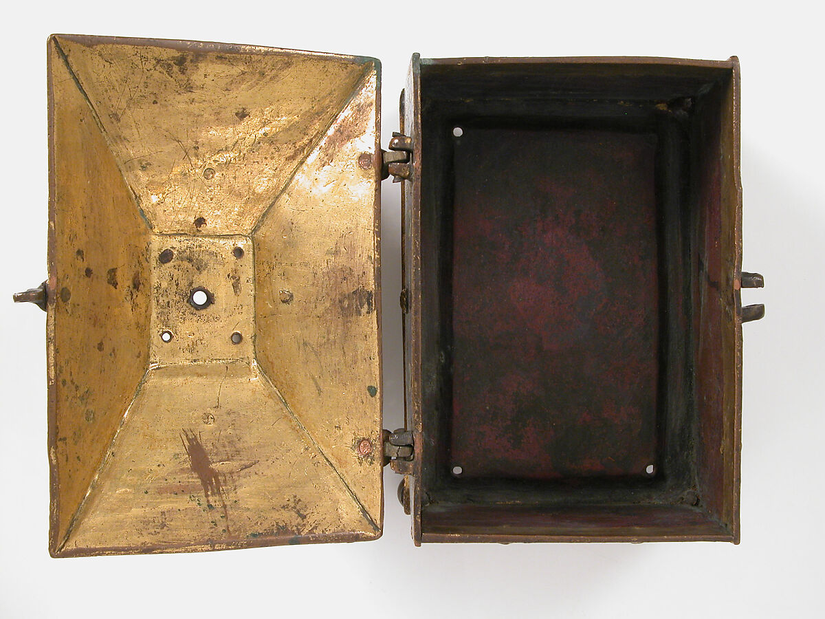 Chrismatory, Copper: engraved, chased, and gilt; champlevé enamel: lapis and lavender blue, turquoise, light and dark green, red, and white, French