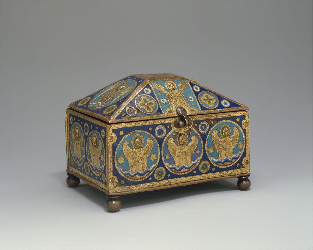 Chrismatory, Copper: engraved, chased, and gilt; champlevé enamel: lapis and lavender blue, turquoise, light and dark green, red, and white, French