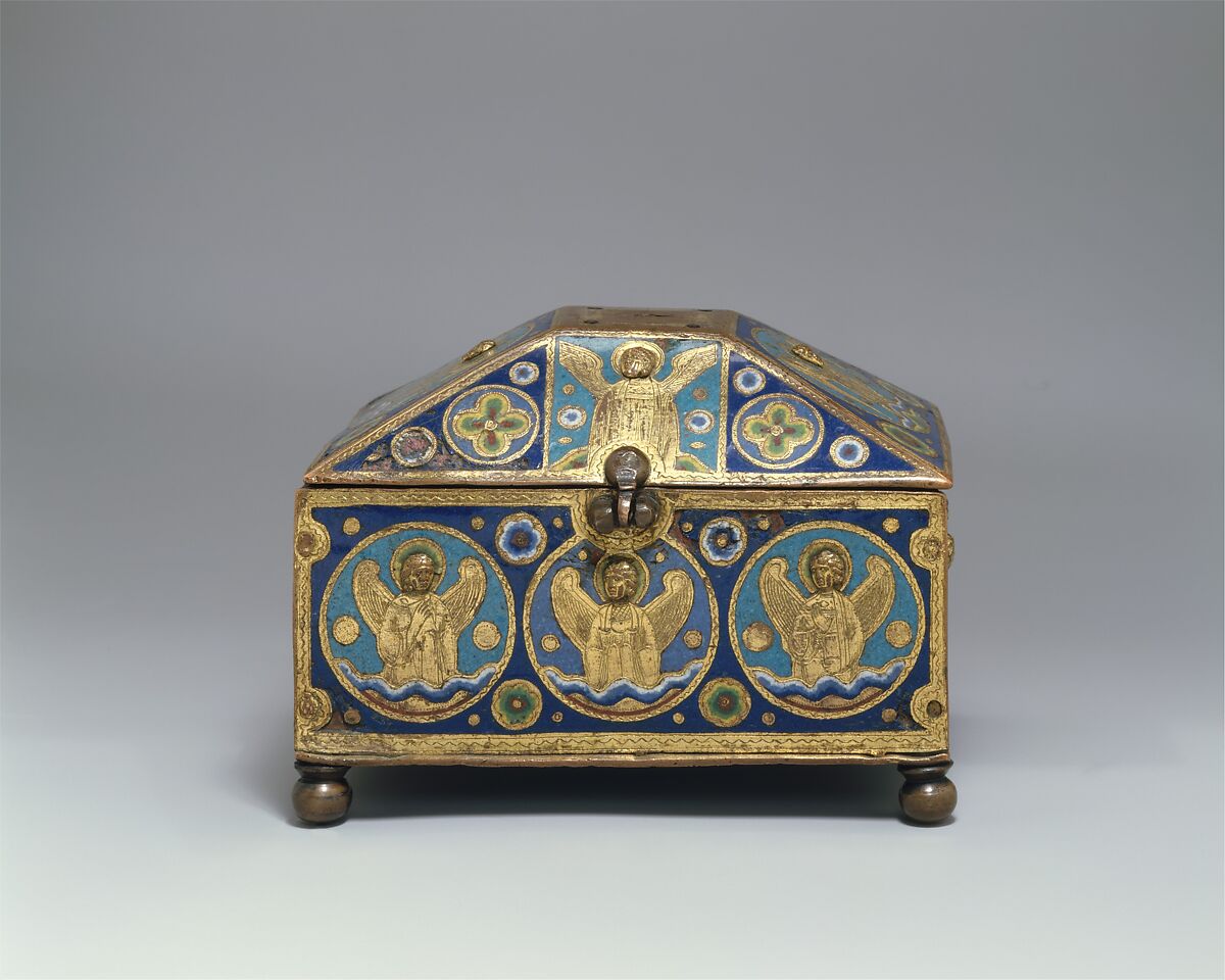 Chrismatory, Copper: engraved, chased, and gilt; champlevé enamel: lapis and lavender blue, turquoise, light and dark green, red, and white, French 