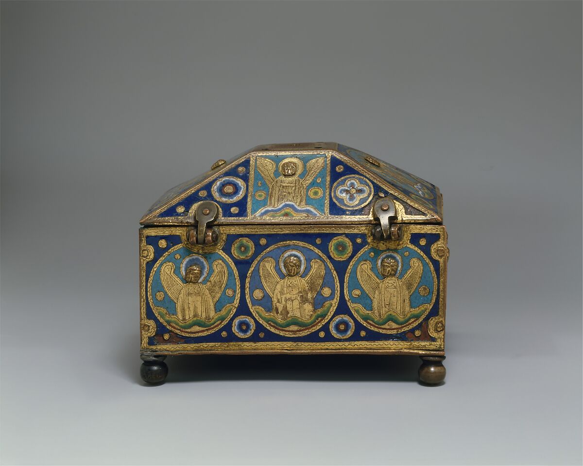 Chrismatory, Copper: engraved, chased, and gilt; champlevé enamel: lapis and lavender blue, turquoise, light and dark green, red, and white, French