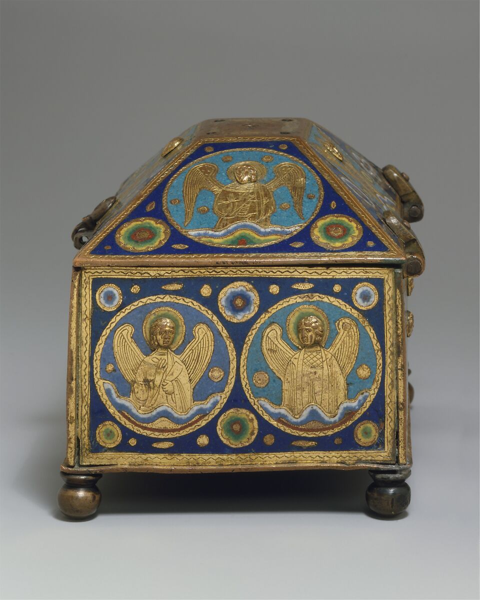 Chrismatory, Copper: engraved, chased, and gilt; champlevé enamel: lapis and lavender blue, turquoise, light and dark green, red, and white, French