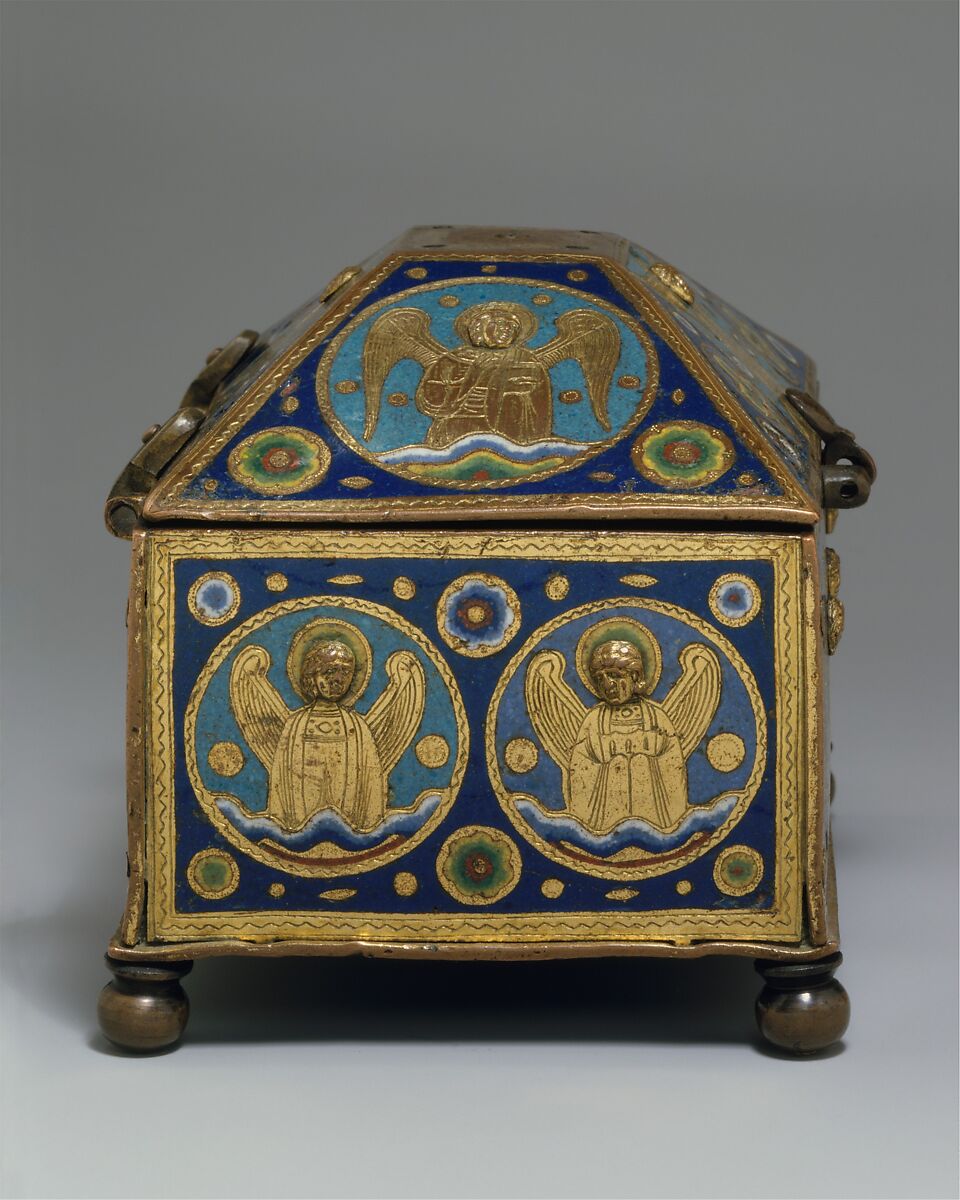 Chrismatory, Copper: engraved, chased, and gilt; champlevé enamel: lapis and lavender blue, turquoise, light and dark green, red, and white, French