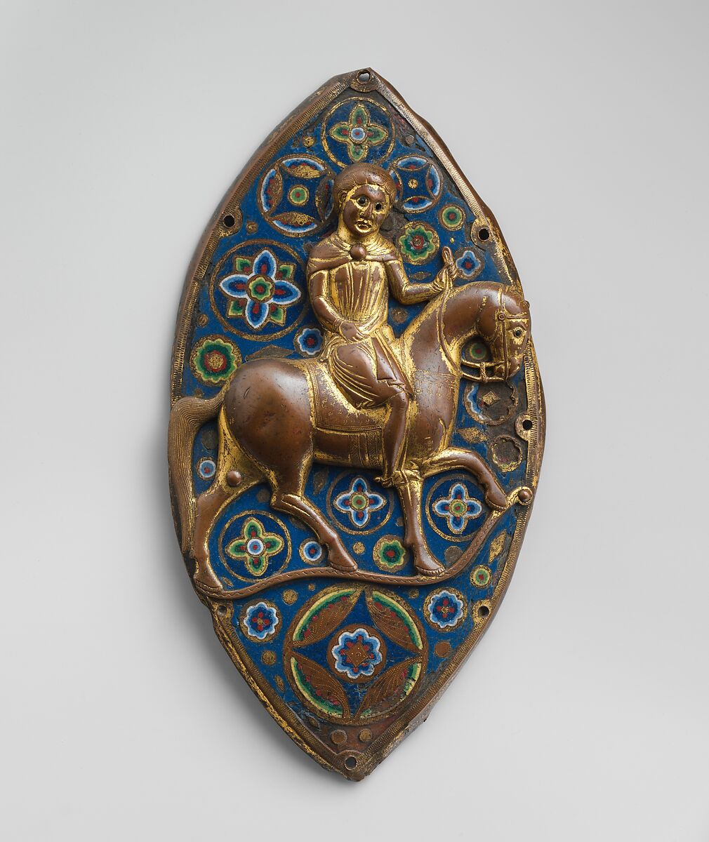 Equestrian Plaque, Champlevé enamel and glass on gilded copper, French