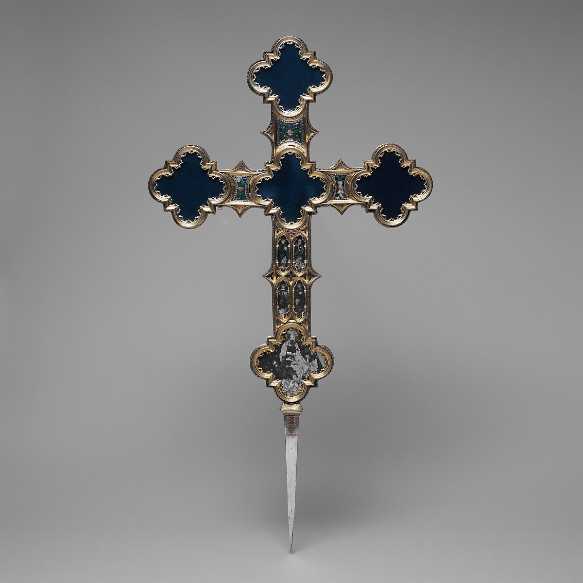 Processional Cross, Translucent Champlevé enamel, silver, partial-gilt, modern glass and velvet, Italian 